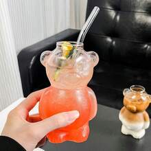 320ml/10.8 Oz 高硼矽玻璃熊造型杯附吸管套組，咖啡杯、早餐牛奶杯，可重複使用，適用於冰咖啡、果汁、水果茶等，聚會必備配件 - 彩色 - 查看 7