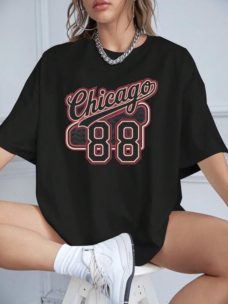 Camiseta Casual de Mujer con Estampado "Chicago 88", Cuello Redondo, Color Naranja nuevo estilo, casual. - Negro - Ver 1