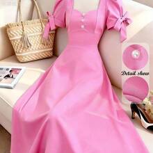 jianchaimaoyi02 Qadelle Vestido rosa de línea A con cintura ceñida, decoración de puño con botón de perla, manga con lazo, encantador, elegante, dulce y lindo, adecuado para uso diario, vacaciones, viajes, citas, estilo de calle francés, versátil y retro, vestido corto de manga corta de primavera/verano en color rosa - Rosa Pálido - Ver 2