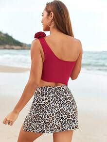 Trajes de Baño para Mujer Completos Bañador con Un Hombro Cintura al Descubierto con Falda para Playa - Rojo - Ver 3