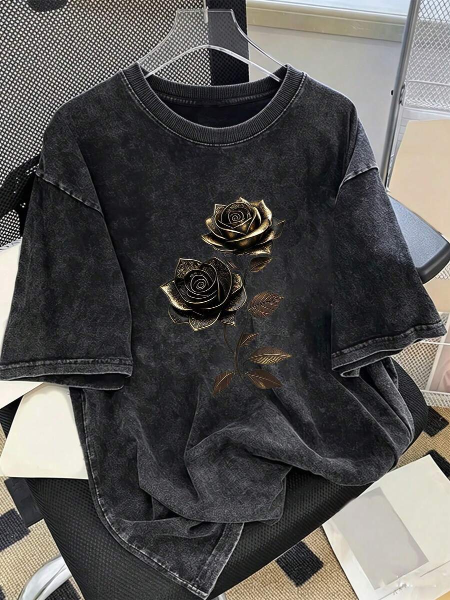 Manfinity Hypemode Men's Casual Washed Cotton T-Shirt With Floral Embroidery, Loose Fit, Street Style For Everyday Summer Wear. Unisex Washed T-Shirt. Y2K Style, Fashionable Style, Cute Style, Casual Style, Women's Blouses > Clothing. 230g (Sizes S-XXXL) - 3 - 查看 1