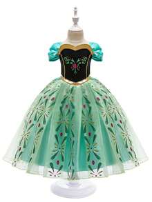 8pcs Girls Green Short Sleeve Floral Pattern Dress Crown Accessory Set, Children's Role Play Dress Set, Girls Party Halloween Christmas Carnival Costume Set - Green - View 7