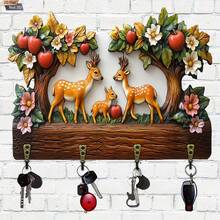 1pc Wooden Multi-Functional Key Hook, Forest Deer Pattern, 2D Flat Design, Includes 4 Metal Hooks, Suitable For Wall Decor, Porch Decor, Room Decor, Villa Decor, Seasonal Home Decor - B - View 2