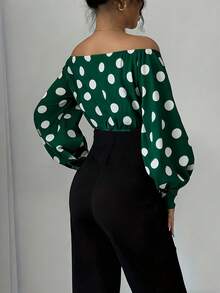 Elegant Women's Off-Shoulder Blouse With Polka Dots And Front Bow - Puff Sleeves, Round Neck, White, Machine Washable, Ideal For Casual Or Semi-Formal Wear In All Seasons - 深綠色 - 查看 2