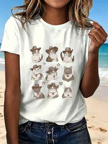 Cute Cat Cowboy Print T Shirt With Fashion Design Trendy Casual Wear For Beach Outing Perfect Gift For Cat Lovers - Blanco - Ver 12