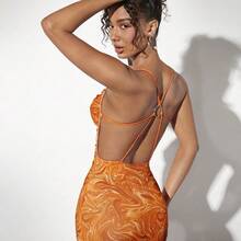 Nana's Women's Clothing Store   Vestido De Punto Sin Espalda Para Mujer Con Estampado Fluido - Naranja - Ver 6