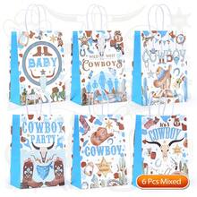 CARRIECUR Sacs cadeaux en papier thème cowboy western, 6 designs imprimés Far West, sacs de fête avec poignées pour anniversaire, baby shower, fête de rodéo, fête thème cowboy, emballage cadeau & fournitures de fête - Voir 8