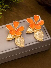 1 pieza Pendientes de botón con diseño único y elegante de flor y hoja con gota de aceite, adecuados para el uso diario de las mujeres, citas, vacaciones, fiestas, el mejor regalo para amigos - Naranja - Ver 9