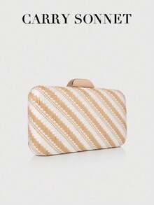 CARRY SONNET - Women Straw Pattern Box Clutch Purse, Woven Evening Handbag For Wedding Party Vacation Dinner - Champagne - View 4