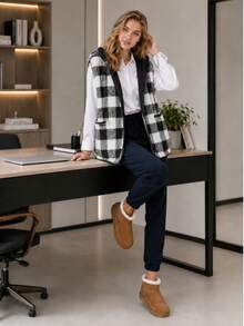 Women's Winter Fleece Vest With Reversible Hood. - Black and White - View 1