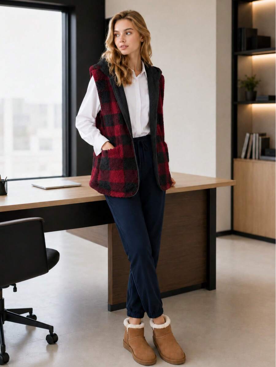 Women's Winter Fleece Vest With Reversible Hood. - Black and Red - View 1