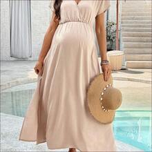 WNST
  Vestido casual de maternidad con cuello en V, manga corta y abertura en el bajo para mujeres embarazadas - Azul marino - Ver 6