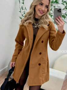 Women's Overcoat, Wool, Buttoned, Winter - Camel - View 2
