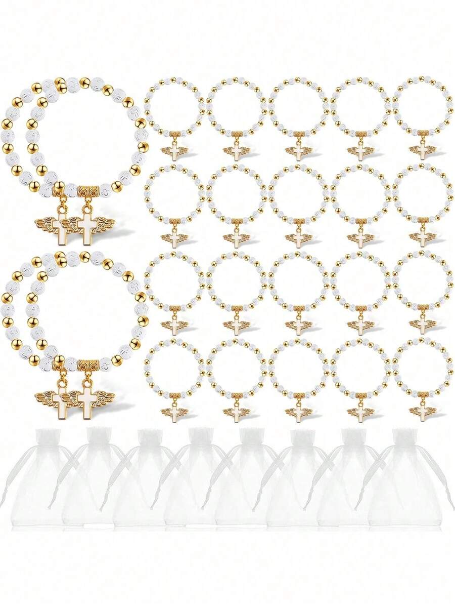 12pcs Baptism Souvenirs Acrylic Pearl Elastic Bracelets With White Organza Bags, Christ Baptism/Communion Party Guest Favors - Multicolor - View 1