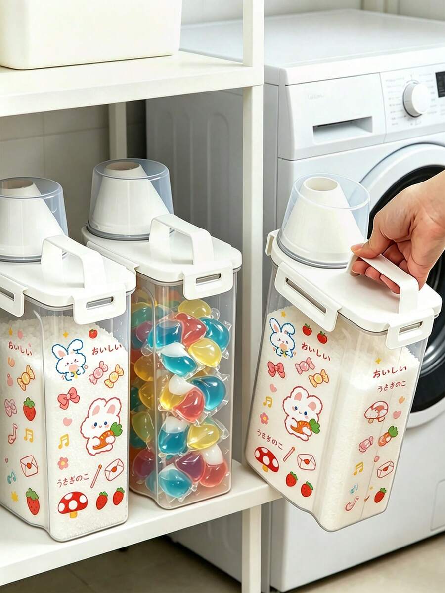 1pc/Theme Laundry Detergent Storage Box - Multi-Functional Storage Container, Can Store Laundry Powder, Laundry Beads, Etc. - Suitable For Kitchen Pantry, Laundry Room, Bathroom And Home Storage - Great Holiday Gift, Laundry Storage Organizer Helper, Comes With Two Cat Sticker Patterns On The Outside. - White - View 1