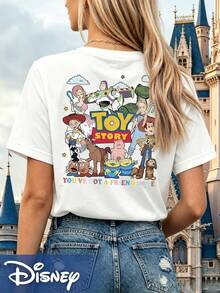 Disney Official Licensed Toy Story Full Character Print T-Shirt For Women, Double-Sided Graphic Tee, 100% Cotton Casual Top - 白色 - 查看 2