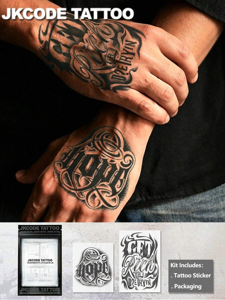JKCODE TATTOO 2 Buah Kit Tato Semi-Permanen | Stiker Tato Harapan Keren, Tato Desain Grafiti, Tato Tangan | Tato Tahan Air untuk Pria, Tato Palsu Realistis, Tidak Memantulkan Cahaya Selama 7-14 Hari, Tato Ajaib, Bertahan 1-2 Minggu, Hadiah Sempurna