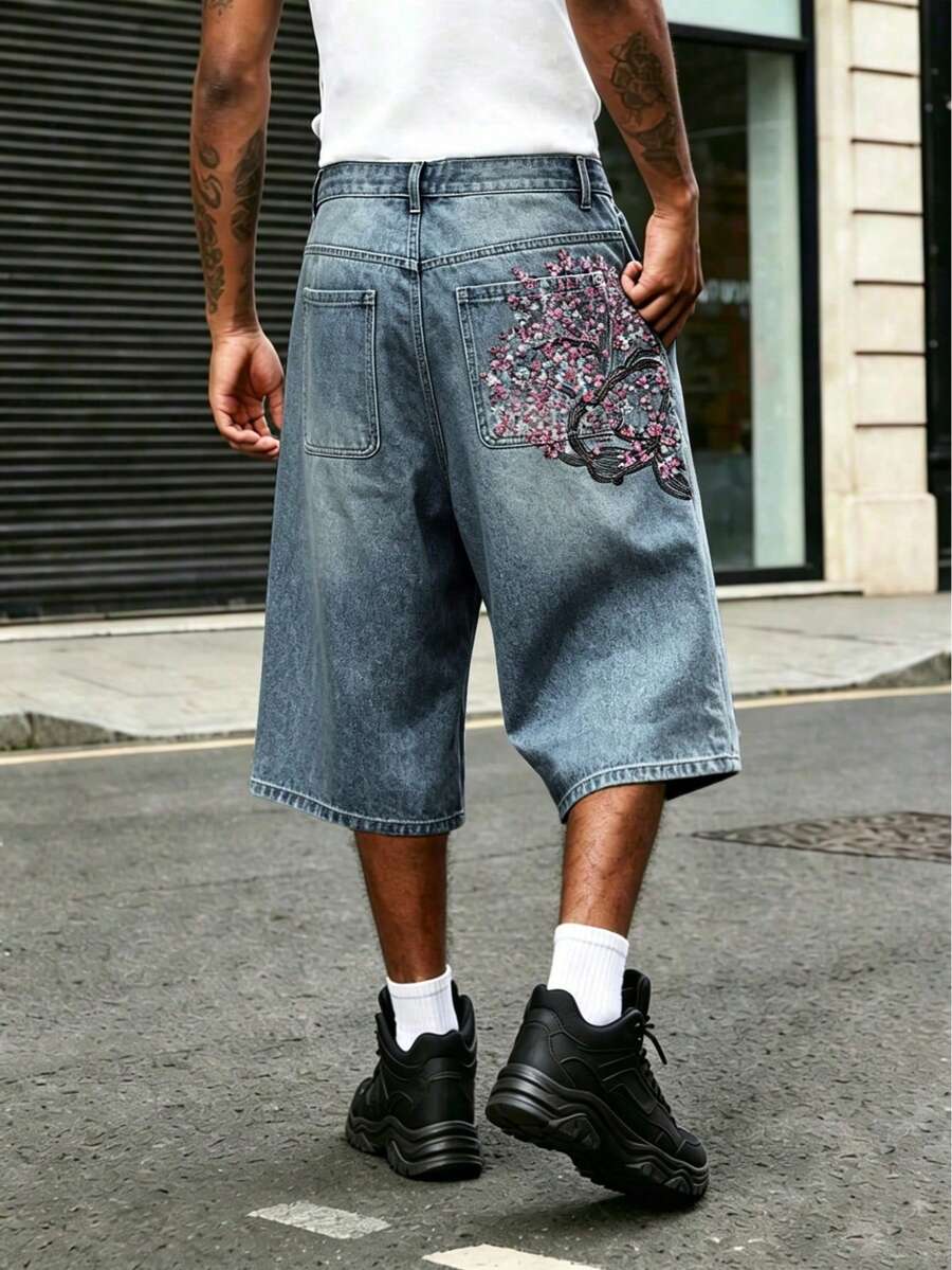 Men Six-Point Shorts Retro Cherry Blossom Embroidered Loose Wide-Leg Denim Jeans With Fake Pockets In Back - Light Wash - View 1
