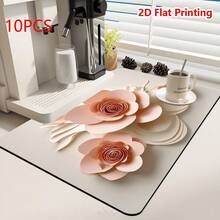 1/10Pcs Pink Flower Dish Drying Mat For Kitchen Counter, Non-Slip Quick Dry Diatom Coffee Mats, Bar, Home Decoration, Easy To Clean Dish Rack Pad, For Espresso Machine,Coffee Station,Cups & Sink - White - View 13