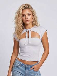 Women's Tie Front Tops Fashionable Solid Color Slim Fit Cap Sleeve Cut Out T Shirt For Summer - Grey - View 4