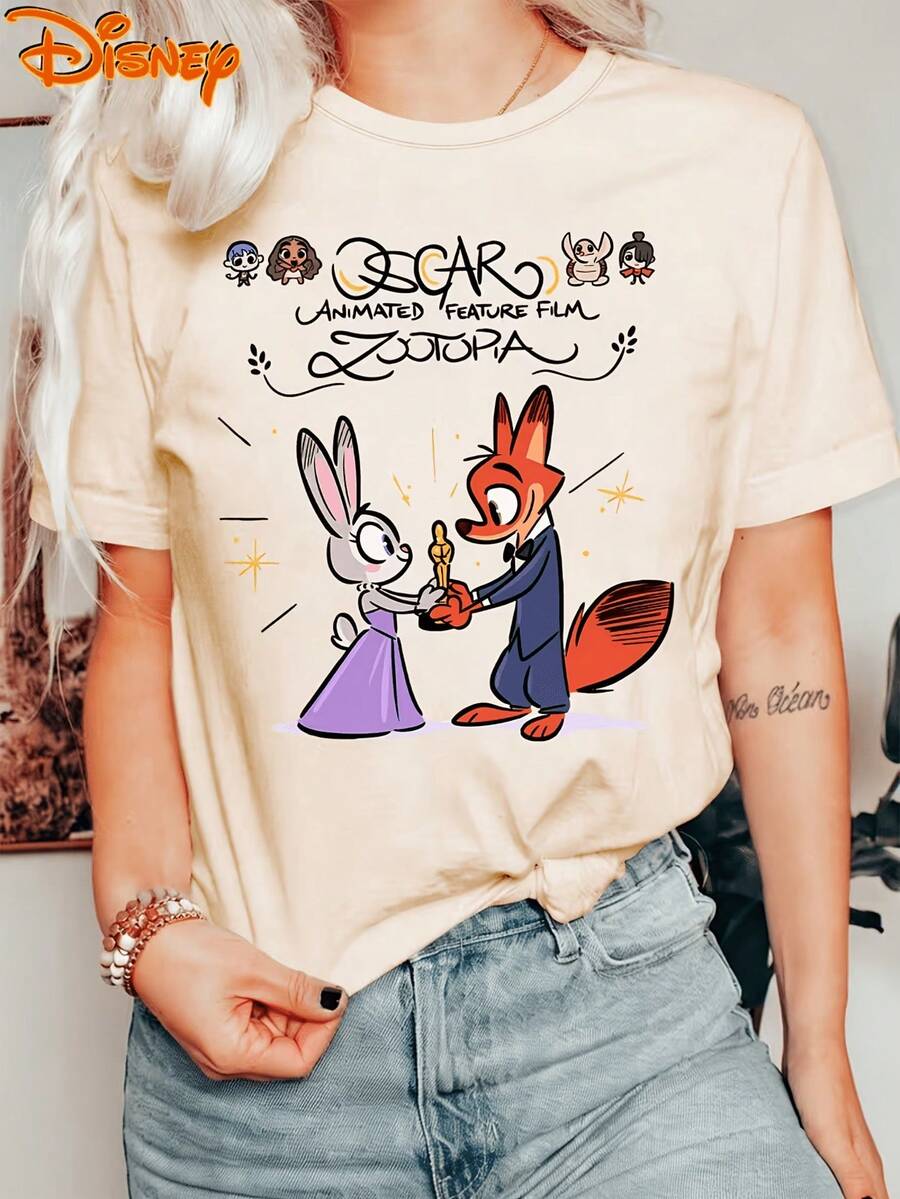 Disney Zootopia Oscar Award Winner Graphic Tee, 100% Cotton Crew Neck Short Sleeve T-Shirt For Women, Movie Casual Top - 杏色 - 查看 1