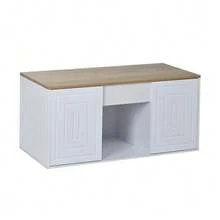 Mesa de centro para sala de estar, 46 x 95 x 45 cm, altura ajustável até aproximadamente 59 cm, com duas portas de armário e design minimalista. Mesa lateral em madeira natural, mesa de centro, escrivaninha. - Branco - Ver 5