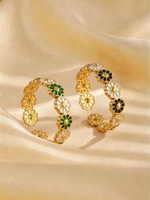 Set Of Colorful Floral Stackable Stainless Steel Open Adjustable Rings, Suitable For Women's Daily, Holiday, Party Versatile Accessories - Gold - View 2