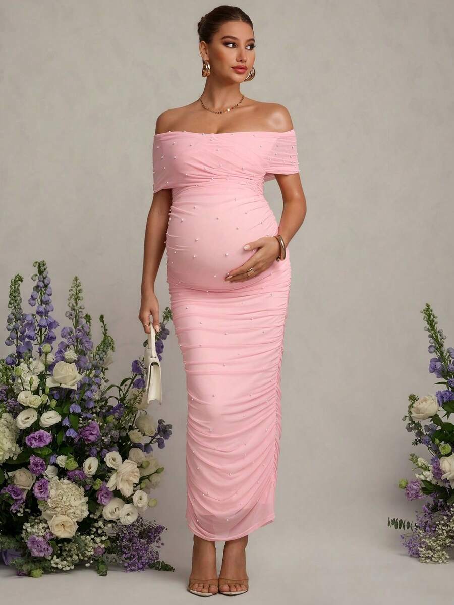 MaterniChic Vestido elegante de manga corta con hombros descubiertos y drapeado de unicolor para maternidad - Rosa - Ver 1