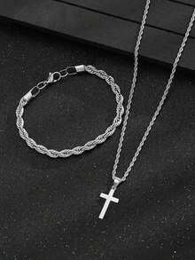 Juego de 2 piezas de pulsera y collar de cuerda trenzada de acero inoxidable, regalo elegante para amigos y familiares, adecuado para fiestas y uso diario, regalo del Día del Padre - Multicolor - Ver 10