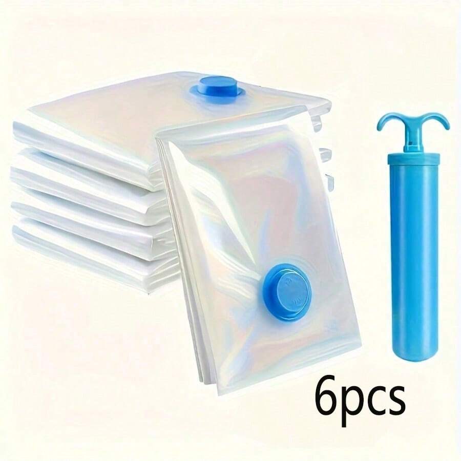 6pcs-(Including Multipurpose Plastic Vacuum Compression Space-Saving Bag And Manual Air Pump)-Rectangular Household Clothes And Quilt Storage Management Bag, Requiring No Electricity, Multifunctional Sealing Options, Space-Saving Bag - View 1