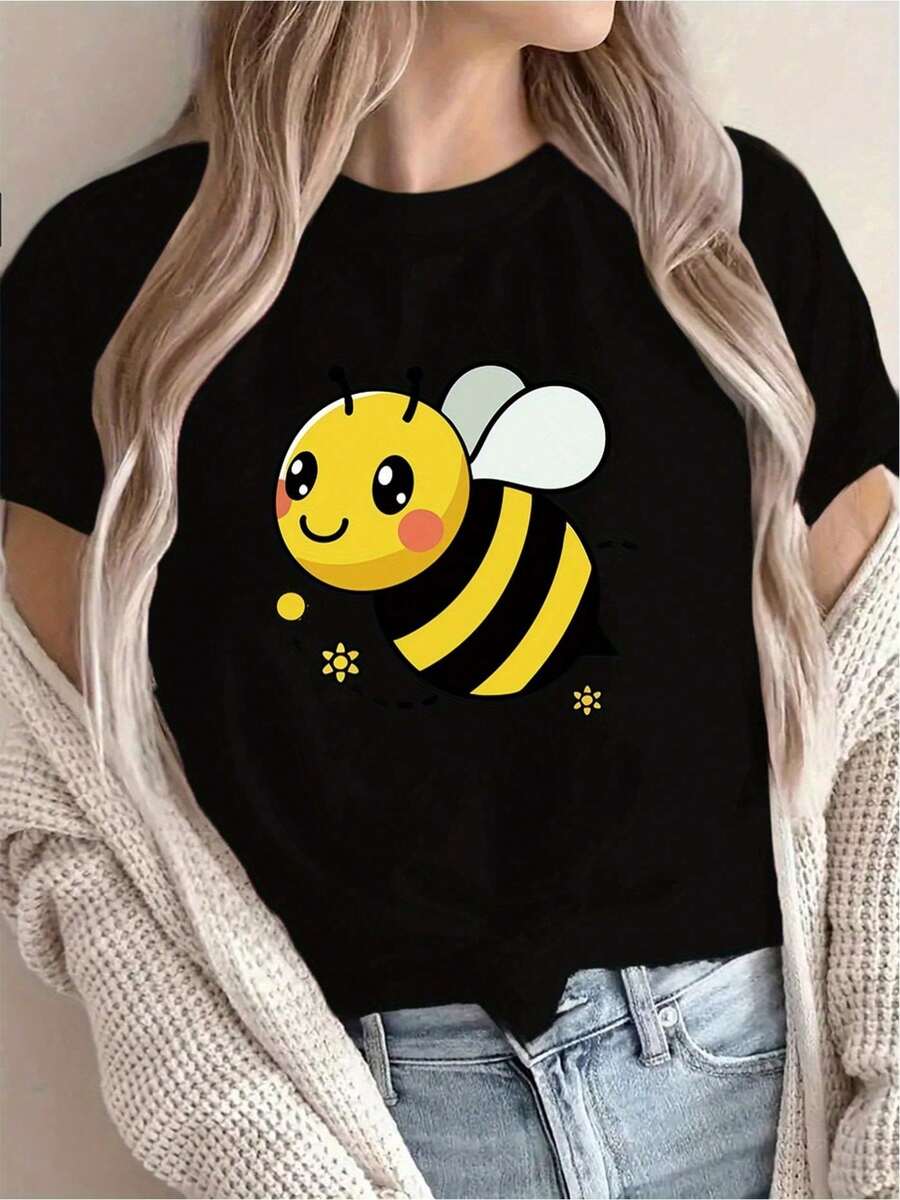 Women's Cartoon Print T-Shirt, Casual Holiday Clothes, Short Sleeve, Round Neck, Spring/Summer, Machine Washable, New Women's Clothing, Versatile For Urban And Sports Use - 黑色 - 查看 1