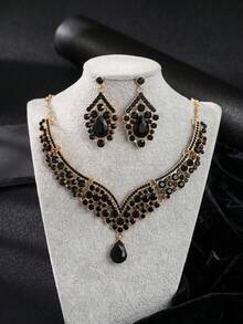 Bộ trang sức nữ 3 món phong cách Baroque cổ điển sang trọng màu đen đính đá rhinestone hình giọt nước gồm dây chuyền và bông tai, bộ trang sức thanh lịch cho tiệc chiêu đãi và tiệc tùng - màu đen - Xem 9