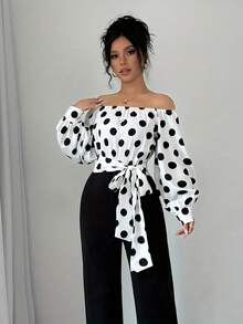 Elegant Women's Off-Shoulder Blouse With Polka Dots And Front Bow - Puff Sleeves, Round Neck, White, Machine Washable, Ideal For Casual Or Semi-Formal Wear In All Seasons - 彩虹般的色彩 - 查看 4