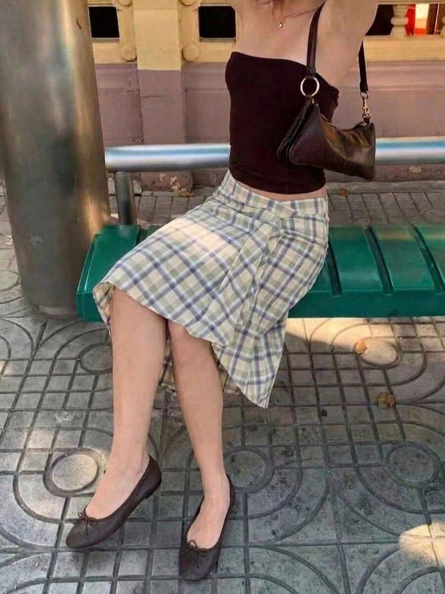 Elegant Plaid Midi A-Line Skirt With Asymmetrical Hem, Women's Casual Outing Wear - Mint Green - View 1