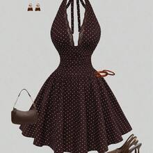 Vestido mini de línea A sin mangas con lazo en la cintura, estampado de lunares, marrón, tela texturizada, nuevo lanzamiento de verano, vestido de media longitud para resort de mujer, vestido de verano de mujer, vestido formal elegante de mujer, vestido casual de mujer, vestido de lunares de mujer, vestido elegante y encantador de mujer, vestido sin mangas de mujer, vestido de temporada de bodas de mujer, vestido de festival de música, atuendo de graduación, ropa casual y elegante para i AG - marrón - Ver 8