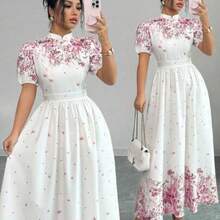 ghadjgyjad  Vestido de verano de mujer con estampado floral elegante, cintura ceñida y mangas abullonadas - Rosa - Ver 1