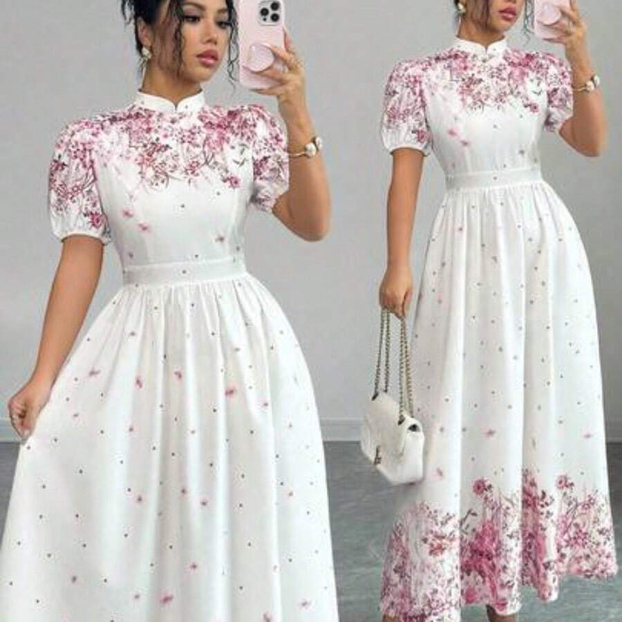 ghadjgyjad Vestido de verano de mujer con estampado floral elegante, cintura ceñida y mangas abullonadas - Rosa - Ver 1