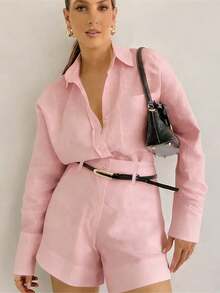 UREREM Conjunto de pantalón corto y manga larga de unicolor, elegante y de moda para mujer, de tela tejida de 120 g, estilo minimalista para ir al trabajo, de alta gama para primavera - Rosa - Ver 1