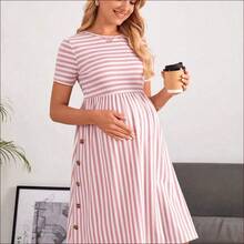 WNST
  Vestido casual de maternidad de manga corta con rayas, para verano - Verde - Ver 4