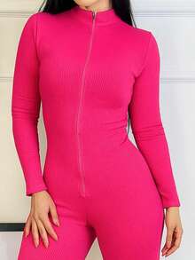 Elegant Women's Virginia Jumpsuit, Seersucker Fabric, With Zipper, Long Sleeves, Suitable For Winter And All Seasons. - 玫紅色 - 查看 3