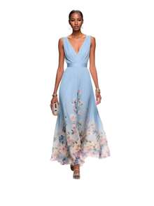 Elegant Women's V-Neck Chiffon Floral Blouse Dress, A-Line Dress With A Fitted Waist And Flowing Style For Vacation, Garden, And Tea Party Occasions - 藍色 - 查看 2