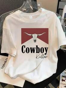Top de manga corta de mezclilla con cuello redondo y estampado del logo de Killer para mujer, apto para todas las estaciones. - Blanco - Ver 1