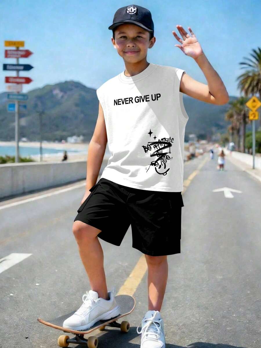 Teen Boys Casual Minimalist Letter & Graffiti Print Sleeveless Round Neck Tank Top + Cargo Pants Spring/Summer Comfortable New Style Set - Multicolor - View 1