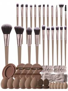 3/6/51PCS Professional Makeup Brush Set With Beauty Tools, Synthetic Brushes, Makeup Sponges, Powder Puffs, Headband & Cleaning Tool For Daily Makeup - Brown - View 14