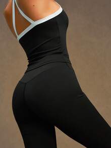 VVX Women's Color Block 2 Pieces Workout Set, Halter Neck Backless Crop Tank Top High Waist Butt Lifting Yoga Flare Lessing - Black - View 4