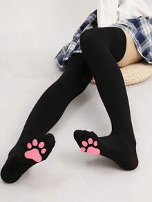 1 Pair Black/White Cute Cartoon Cat Paw Pad Over-The-Knee Socks - Multicolor - View 9