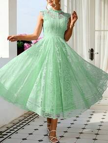 Vestido de Invitada de Boda para Mujer, Nuevo y Elegante Vestido Acampanado con Encaje en Forma de Abanico, Vestido de Encaje sin Mangas Retro, Adecuado para Vestido de Damas de Honor de Boda, Fiesta Nocturna, Citas Románticas Casuales - amarillo ganso - Ver 11