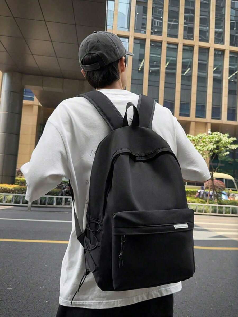1. 極簡黑色大容量後背包,中性休閒通勤旅行後背包 - 黑色 - 查看 1