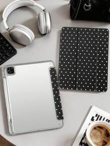 波點黑色平板保護殼，相容 iPad Mini6/Mini7/Air/Air2/9.7/10.2/10.5/10.9 (Air4-Air8)/Pro 11/10th Gen/A16/Pro 11 2024 機型，彩繪圖案平板殼配透明壓克力背殼，三折支架，自動休眠/喚醒，內建筆槽，不含筆，部分機型附相機框 - 黑與白 - 查看 6
