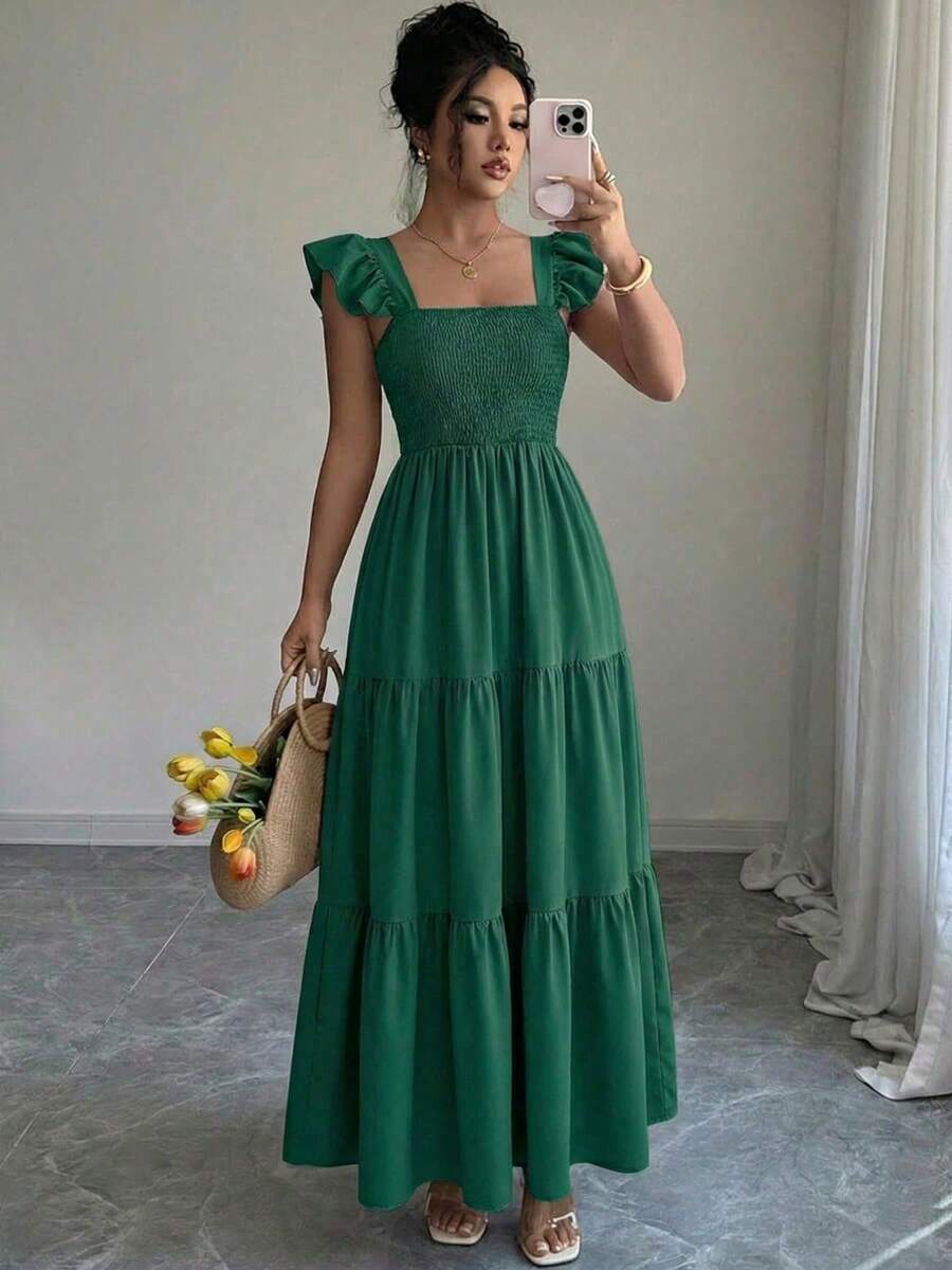 Vestido de verano con cuello cuadrado, espalda descubierta y fruncido, sin mangas, con volantes y diseño escalonado, estilo cami midi, para playa y vacaciones. - Dark Gold - Ver 1